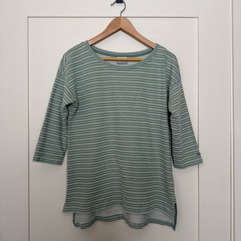 Columbia Shirt Womens Large Mint Green Stripe 3/4 Sleeve Outdoor Hiking Stretch